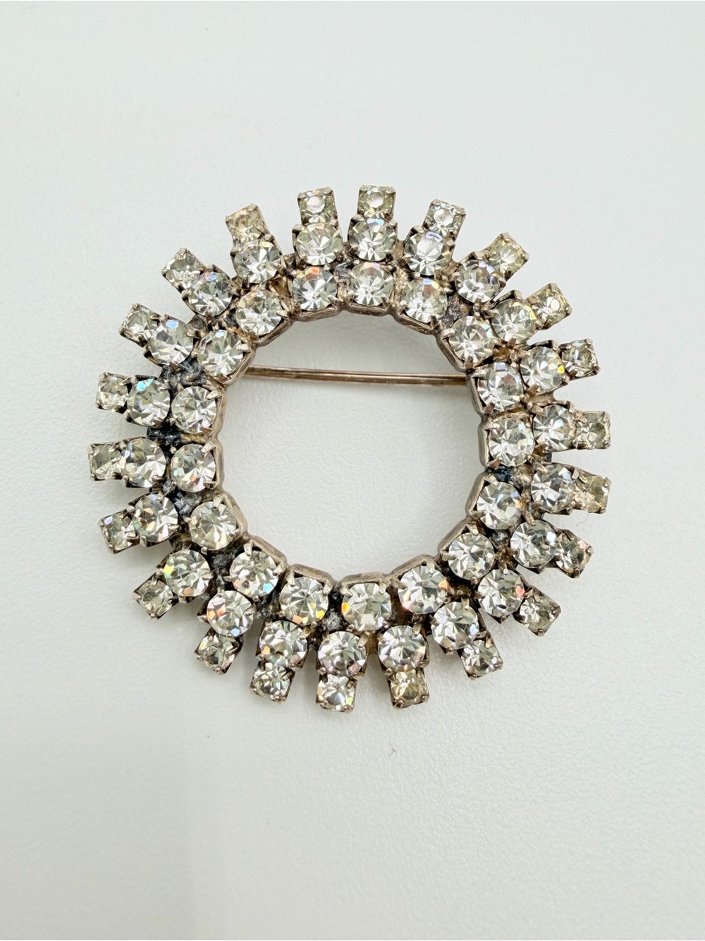 Vintage Clear Rhinestone Circle Wreath Brooch Silver Tone